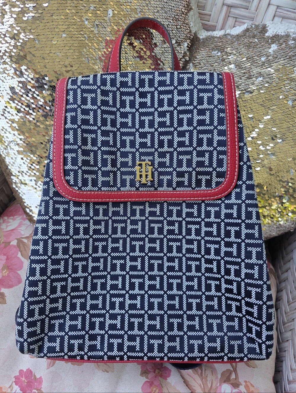 Tommy Hilfiger Navy & Red Monogram Flap Backpack